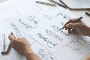 Animator designer Development designing drawing sketching development creating graphic pose characters sci-fi robot Cartoon illustration animation video game film production , animation design studio.